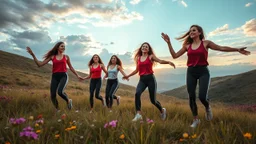 a group of Turkish young ladies in sports pants and blouse are dancing in high grassy hills,wild flowers ,cloudy sun set sky