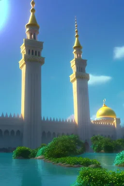 4d 8k, cinematic view, rendered by engine 5, mosque, skyscrapers, landscape, river, sun, birds, trees,