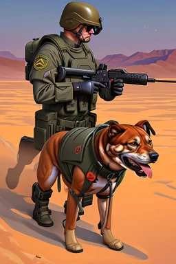 A soldier dog dressed in military combat uniform fighting another soldier dog in the hot desert landscape, digital illustration portrait, dog's face is snarling, aggressive, angry, Craig Miller , futuristic, pulp fiction graphic novel style, hyperrealism, photorealism