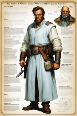 character concept sheet with AD&D statistics and characteristics, [illustration by Jeff Easley] Breaking Bad, the the character of Walter White as a playable class of cleric in the style of Evil Dead