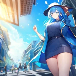 Clear focus,High resolution, Vibrant short blue hair, Vibrant blue eyes, Wearing a short skirt, Wearing a jacket, Wearing a hat