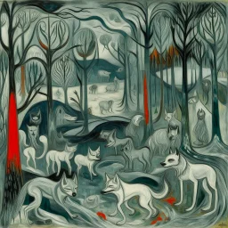 Gray woodlands with wolves, frogs, and centipedes painted by Edvard Munch