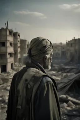 imagen con una persona anciana en la lejanía con la cara cubierta con turbante estilo arabe , con armadura desgastada, mostrando un fondo de ciudad destruida por la guerra