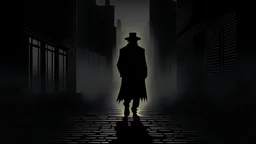 Type of Image: Digital Illustration, Subject Description: A mysterious figure in a long dark coat walking down a dimly lit cobblestone street, surrounded by shadows and hints of fog, Art Styles: Noir, Surrealism, Art Inspirations: Works of Edward Hopper and René Magritte, Camera: Eye-level perspective, Shot: Close-up of the figure's silhouette against the eerie street backdrop, Render Related Information: High contrast lighting to enhance the mysterious and melancholic atmosphere, detailed