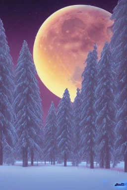 1980's aesthetic vaporwave palm trees with lighting with moon in the winter snow