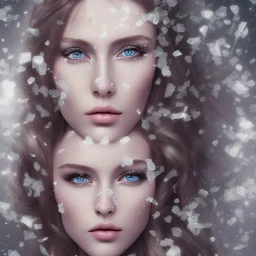 wonderfull german woman, curves, platinum long hair, hair covering one eye, ultradetailed fine art photo of a german, weet face portrait, snow flakes particles, 35 mm