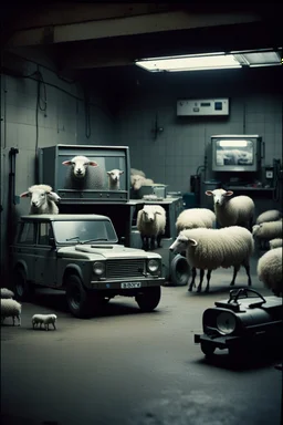 "Create realistic, dark, low-resolution 'CCTV footage' using an old 80s Sony camera. The scene should depict forbidden medical procedures being performed in a 'motor garage,' with Land Rovers in the background, surrounded by sheep with 'Rabies.'"