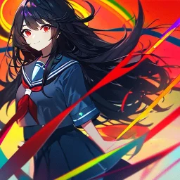 Clear focus, high resolution, black long fluffy hair, red eyes, wearing a sailor uniform, doing a evil smile, Style Vtuber, Colorful