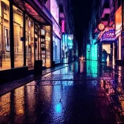 Cyberpunk street view in night , paris , rain, ground reflection