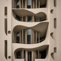 The facades of a building inspired by the olive kernel, presented in a minimalist and modern style.