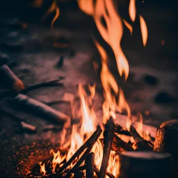 a campfire, peaceful, Macro shot, adobe lightroom cinematic filter,