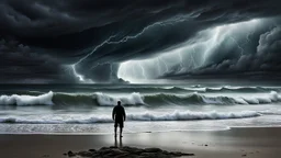 A lone figure stands on a deserted beach, gazing out at a turbulent ocean under a stormy sky. The figure's silhouette is stark against the dramatic backdrop, emphasizing a sense of isolation. The inner world is suggested by subtle, swirling colors within the silhouette, contrasting with the harsh reality of the external environment. Rendered in a photorealistic style with intense atmospheric lighting, capturing the raw power of nature and the quiet solitude, surreal, weird