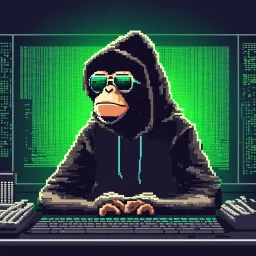 A Monkey sitting in front of a computer, wearing a hoodie and sunglasses. Matrix in background. Pixel Art. Profile Picture. Avatar. Pixel
