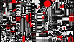 An abstract and geometric illustration by Malevich and Kuniyoshi of a black and white digital city filled with symbols with an anarchist red and back flag.