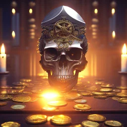 dynamic lighting, Intricately detailed, Splash screen art, deep color, Unreal Engine, volumetric lighting, silver coins, pile of coins, pirate treasure, stacked coins, indoors, candle, skull,