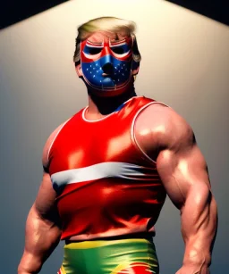 Realistic image of Donald trump wrestler, Mexican wrestling style, Mexican wrestling mask, red and blue breeches, glow us flag dress, suspenders, retro style, 80s, vibrant color, highly detailed, sky background, concept art, unreal engine 5, god rays, ray tracing, RTX, lumen lighting, ultra detail, volumetric lighting, 3d, finely drawn, high definition, high resolution.