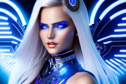 A beautiful portrait of a cute smiling cyber woman with wings, long blond platinum hair, luminous blue eyes, high key lighting, volumetric light high details with blue and white stripes white luminous celtic paterns, beam starry background