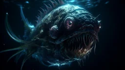 aggressive, Deep Sea, Anglerfish with LED center of head, underwater, High Definition HD, High Detail, Perfect Composition, Detailed Structure, Crazy Octane Rendering, Artstation Trends, 8k Art Photography, Photorealism Concept Art, 3D Cinematography, Perfect Light, 3D -rendering, famous outstanding typography, 3d render, cinematic, dark fantasy