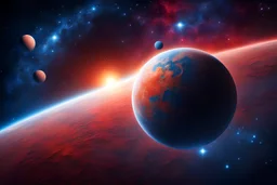 outer space, red planet, planet, red and blue stars, stardust, high quality, beautiful
