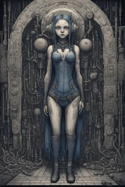 cyberpunk full body, huge girl and petit girl in symetric illustration by <John Kenn Mortensen> <Katsushika Hokusai> darkblue tones, hyperdetailed,