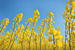 clear blue sky for top half, across Middle is canola flowers with green canola stems branches and leaves below, rapeseed sharp focus, realistic