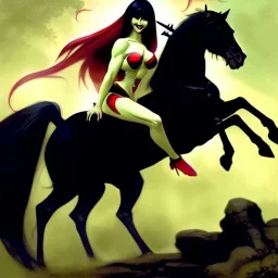 ultra detailed portrait of beautiful Vampirella Riding a black horse,wearing plate armor, extremely detailed digital painting, in the style of A.J. Manzanedo and FRANK FRAZETTA and Earl Norem and fenghua zhong and ruan jia and jeremy lipking and peter mohrbacher, mystical colors, rim light, beautiful lighting, 8 k, stunning scene, raytracing