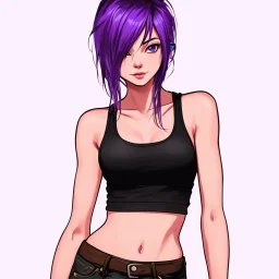a pretty girl, skinny, relaxed, tank top, purple hair, digital art