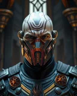 heavily scarred head bald male corellian jedi wearing gunmetal grey and black old republic armored flightsuit and breath mask with gold and metallic red trim inside the jedi temple, centered head and shoulders portrait, hyperdetailed, dynamic lighting, hyperdetailed background, 8k resolution, volumetric lighting, light skin, fully symmetric details