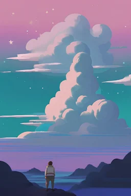 A sticker in the style of studio ghibli, a man standing on clouds in the sky, he is surrounded by clouds, the clouds are pink and purple with hints of green, at the top the sky gets darker and there are stars