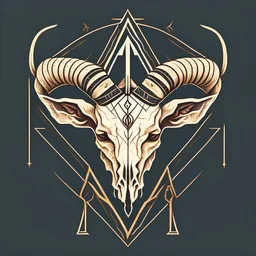 Create a vector style illustration of a goat skeleton with buffalo horns and a triangle with a mystical style eye on its forehead.