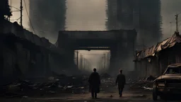 epische filmszene. post apokalyptische zukunft. wide shot. frontalansicht stadtmauer mit tor aus wellblech, schrott, wracks. hochgebaute, improvisierte aus müll gebaute stadt mitten im grauen ödland. slums. türme. viele leute. feuer. rauch. dreck. müll. wracks. rost. flaggen. dämmerung, natürliches licht. bedrohlich. gut bewacht.