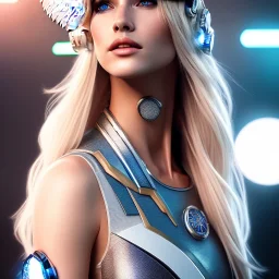 A beautiful portrait of a cute blond cyberpunk woman, high key lighting, volumetric light high details with white stripes and feathers and blue celtic paterns and helmet