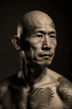 Portrait of male hunan with no hair, tatooes on his face, Frank Cho style