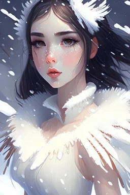 Anime face, beautiful winter goddess, complex beautiful face, portrait with knees up, "Laura Savoy style, white, anime, small nose, snow white skin, cool tone, feathers behind her back, wearing ballet skirt dancing in the snow
