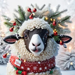 festive Whimiscial sheep in snow, with lights dressed for Christmas in holiday sweater