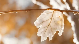 ice on dry sycamore leaf on branch, close-up, side bright sunlight, blurred background