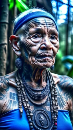 Front view,hyperrealistic, ultra HD shot of an old woman with Mayan features, tribal tattoos, textured copper skin, elongated skull, tribal jewelry, large, Background of the figure in a jungle environment.