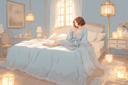 A beautiful woman with short brown hair in pastel blue lace robe is lying on a bed in a cute luxurious bedroom gold tapestry in the candlelight