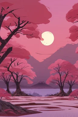 a land scape of Japanese garden, big moon, red sky in the night , surrounded by cherry blossom trees, cel shading