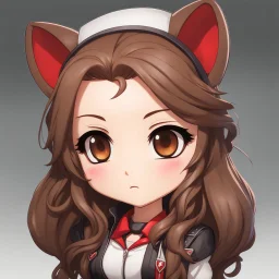 a close-up headshot of a chibi woman with long brown hair, red eyes, brown ferret ears, a mischievous expression, American clothes, intricately detailed, masterpiece, anime chibi doll