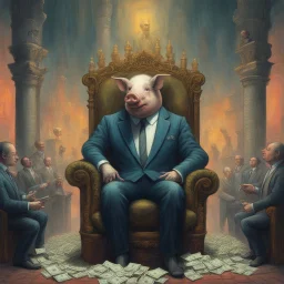 rich pig in suit on a throne making stacks of money by making a deal with a buisnessman. background of musicians. beksinski style