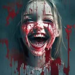 girl smiling, creepy, dripping blood, shattered glass,