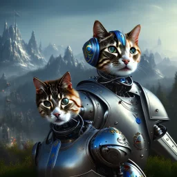 a cat-like robot with blue eyes and synthesizer wearing a medieval armor, small mountains in background, high detail, photo, 8k, ray-tracing