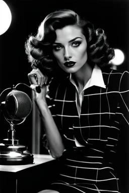 portrait, beauty supermodel, close up, helmut newton, perfect face, lamp or microphone or radio or telephone