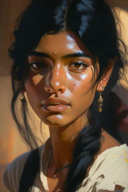 portrait of Indian labor, black hair, pretty face, realistic, fine details. realistic shaded lighting by Ilya Kuvshinov Giuseppe Dangelico Pino and Michael Garmash and Rob Rey, IAMAG premiere, WLOP matte print, cute freckles, masterpiece