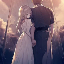 anime couple with day on one side night on the other, stormy night on one half, sunny day on the other half,ballancing scale, couple is standing back to back, white dress