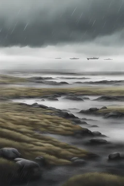 Paisaje de una guerra con soldados tristes y desolados. Clima frío y lluvioso. Ilustración de islas Malvinas.