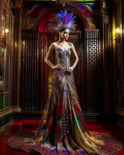 📷 👸 Realistic Photographs full length image full body A Beautiful Pretty Queen sweet stand with adorned with elaborate patterns and motifs. The design should incorporate vibrant colors, such as reds, blues, yellows, and purples, creating a stained glass effect. The figure should have elements that resemble feathers or leaves radiating from the head,luxurious palace background