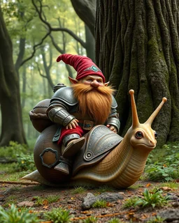 .Cute Funny Fat Dwarves,wearing adorned armor,he on riding giant snail armored walk dynamics move in beautiful forest giant trees oaks background