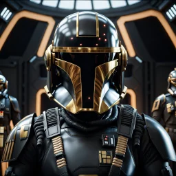 star wars bald male corellian pilot wearing dark gunmetal grey and black First Order special forces TIE pilot armored flightsuit and helmet with gold trim inside the jedi temple, centered head and shoulders portrait, hyperdetailed, dynamic lighting, hyperdetailed background, 8k resolution, volumetric lighting, light skin, fully symmetric details